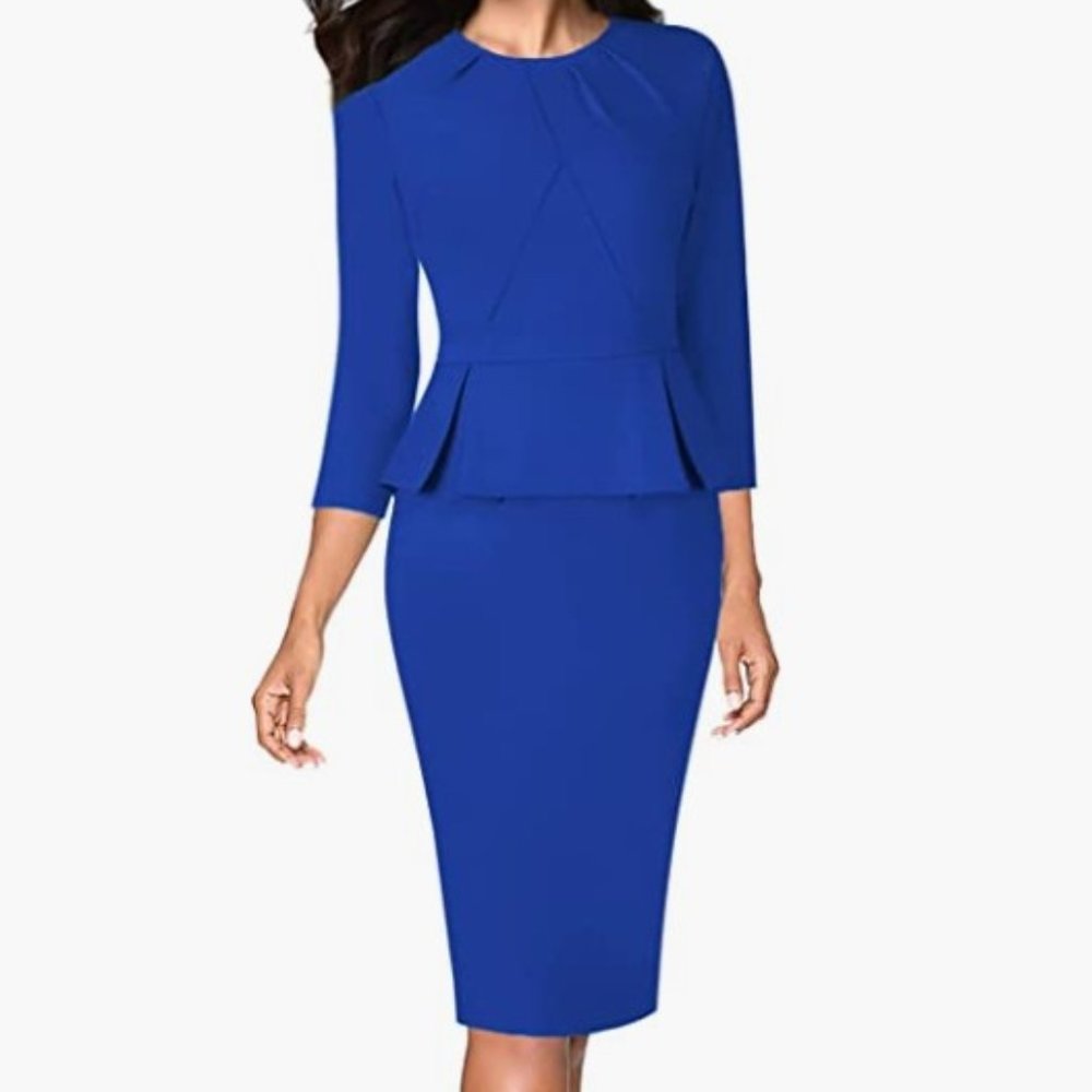 Royal Blue Pleated Neck Peplum Sheath Pencil  Dress